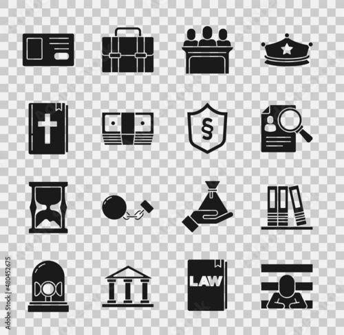 Set Prisoner, Office folders, Paper analysis magnifying, Jurors, Bribe money cash, Holy bible book, Identification badge and Justice law shield icon. Vector