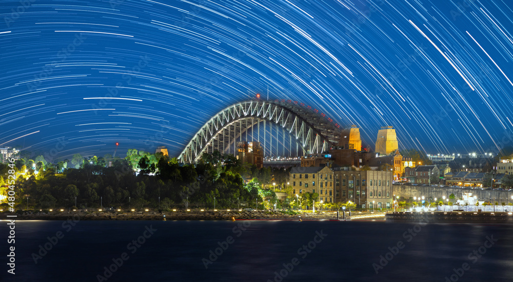 Sydney Harbour Bridge star trails in the night sky NSW Australia Sydney Harbour Bridge star trails in the night sky NSW Australia