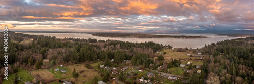 Aerial View From Lummi Island Looking East Towards Bellingham  Washington. Drone shot during a glorious winter sunset over this gem of an island in the Pacific Northwest.