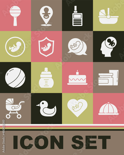 Set Baby hat, food, dummy pacifier, Monitor Walkie Talkie, shield, Rattle baby toy and icon. Vector