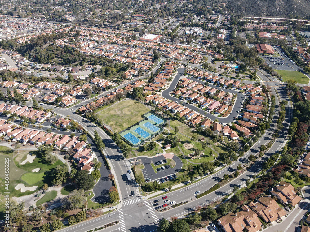 Aerial view over small community and park in the suburb of San Diego in South of Rancho Bernardo, South California, USA. 