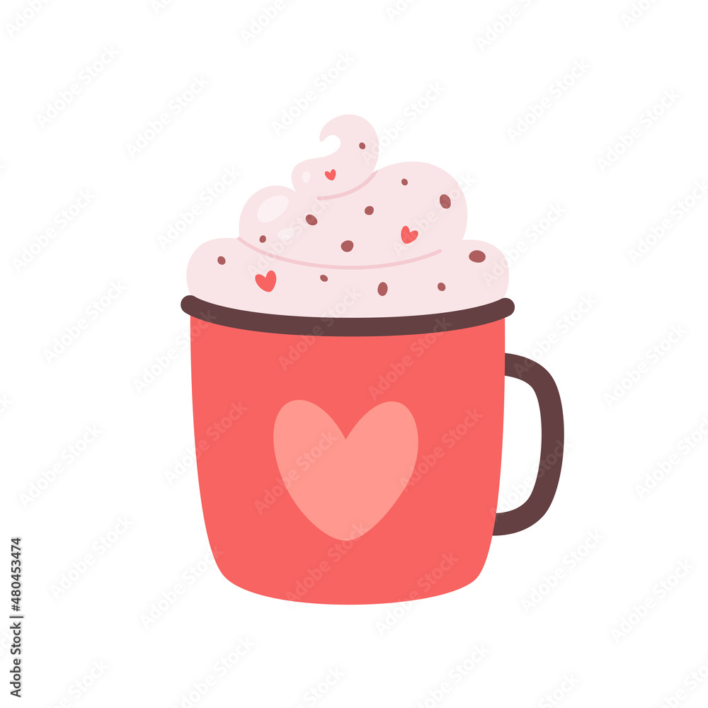 Valentines Day hot drink. Coffee cup with cream, chocolate drops and hearts. Vector illustration. Valentines Day hot drink. Coffee cup with cream, chocolate drops and hearts. Vector illustration.