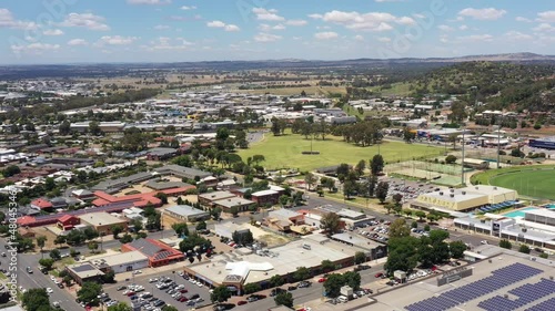 Panorama of Wagga Wagga downtown in aerial flying over strees at 4k.
 photo