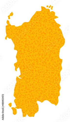 Vector Gold map of Sardinia region. Map of Sardinia region is isolated on a white background. Gold items mosaic based on solid yellow map of Sardinia region.
