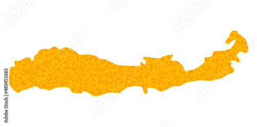 Vector Golden map of Indonesia - Flores Island. Map of Indonesia - Flores Island is isolated on a white background. Golden items mosaic based on solid yellow map of Indonesia - Flores Island.