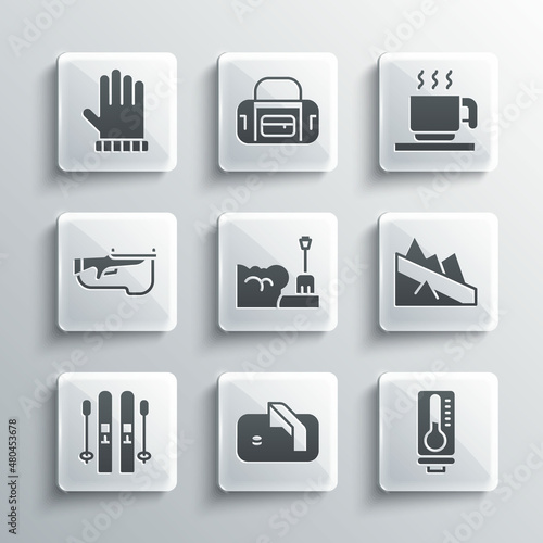Set Ice hockey goal, Meteorology thermometer, Mountain descent, Shovel snowdrift, Ski and sticks, Biathlon rifle, Christmas mitten and Hot chocolate cup icon. Vector