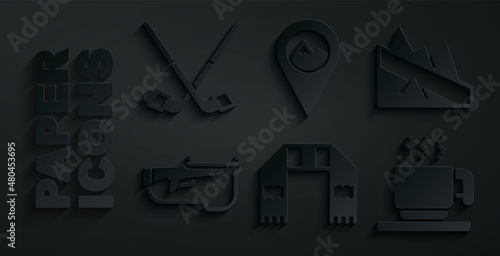 Set Winter scarf, Mountain descent, Biathlon rifle, Hot chocolate cup, Location with mountain and Ice hockey sticks icon. Vector