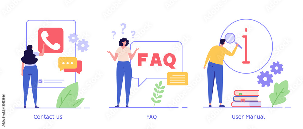 Woman calling support service. User finding answer in faq. Man reading user manual. Set of contact us, user guide, faq, questions and answers. Collection of vector flat illustration for banner, UI