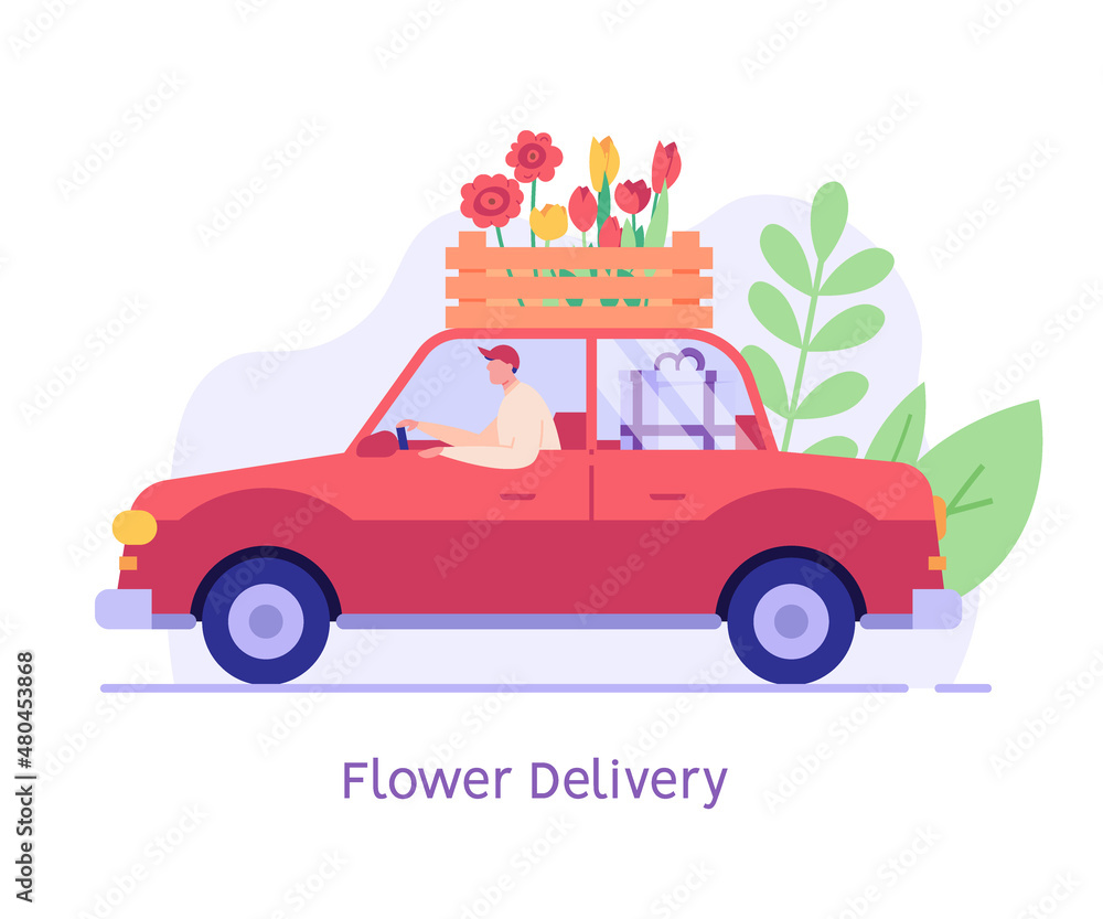 Courier in car delivering flowers order. Concept of flower delivery service, plant order online, flower shop. Vector illustration flat design for web banner, mobile app Courier in car delivering flowers order. Concept of flower delivery service, plant order online, flower shop. Vector illustration flat design for web banner, mobile app