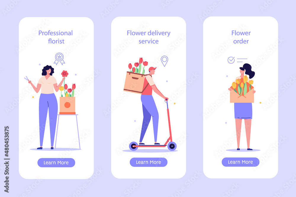 Woman making floral composition. Courier riding scooter and delivering flowers order. Set of flower delivery service, flower shop. Vector flat illustration for banner, mobile app, onboarding screen