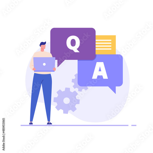 Man asking question in support chat. Customer finding answer and solutions. Concept of customer guide, useful information, faq, questions and answers. Vector illustration flat design for banner