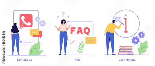 Woman calling support service. User finding answer in faq. Man reading user manual. Set of contact us, user guide, faq, questions and answers. Collection of vector flat illustration for banner, UI