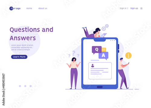 People asking question in support chat. Customers finding answer. Concept of customer guide, support chat, faq, questions and answers. Vector illustration flat design for banner, landing page template