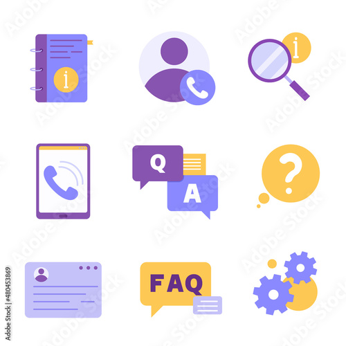 Icons for reading frequently asked questions. Finding answer and solutions. Set of elements for user manual, guide book, faq, questions and answers, support service, help chat. Vector flat color icons