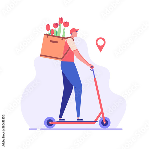 Courier riding scooter and delivering flowers order. Concept of flower delivery service, plant order online, flower shop. Vector illustration flat design for web banner, mobile app