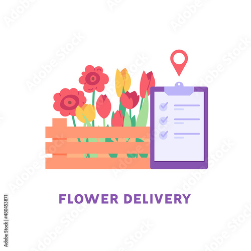 Different flowers in wooden box with order form. Concept of flower delivery service, plant order online, florist store. Vector illustration flat design for web banner, mobile app