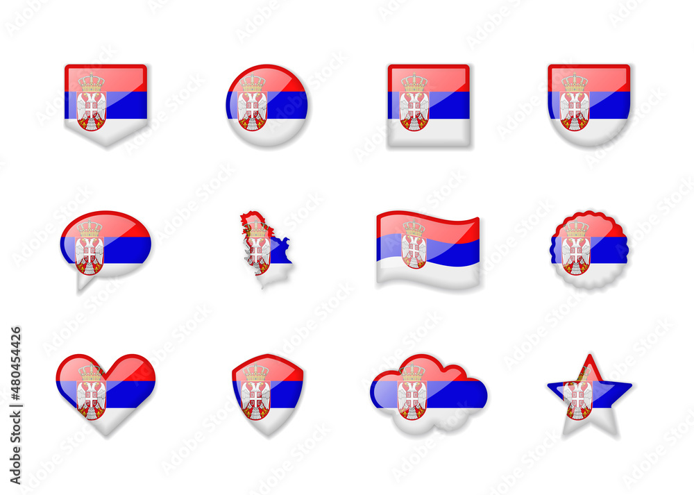 Serbia - set of shiny flags of different shapes.
