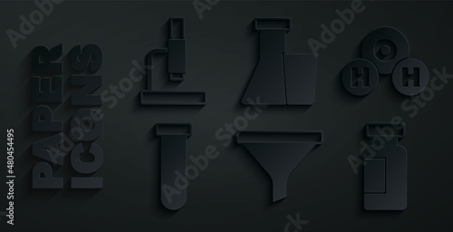 Set Funnel or filter, Chemical formula for H2O, Test tube and flask, and Microscope icon. Vector