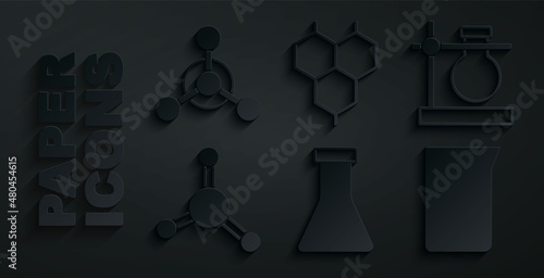 Set Test tube and flask, on stand, Molecule, Laboratory glassware or beaker, Chemical formula and icon. Vector