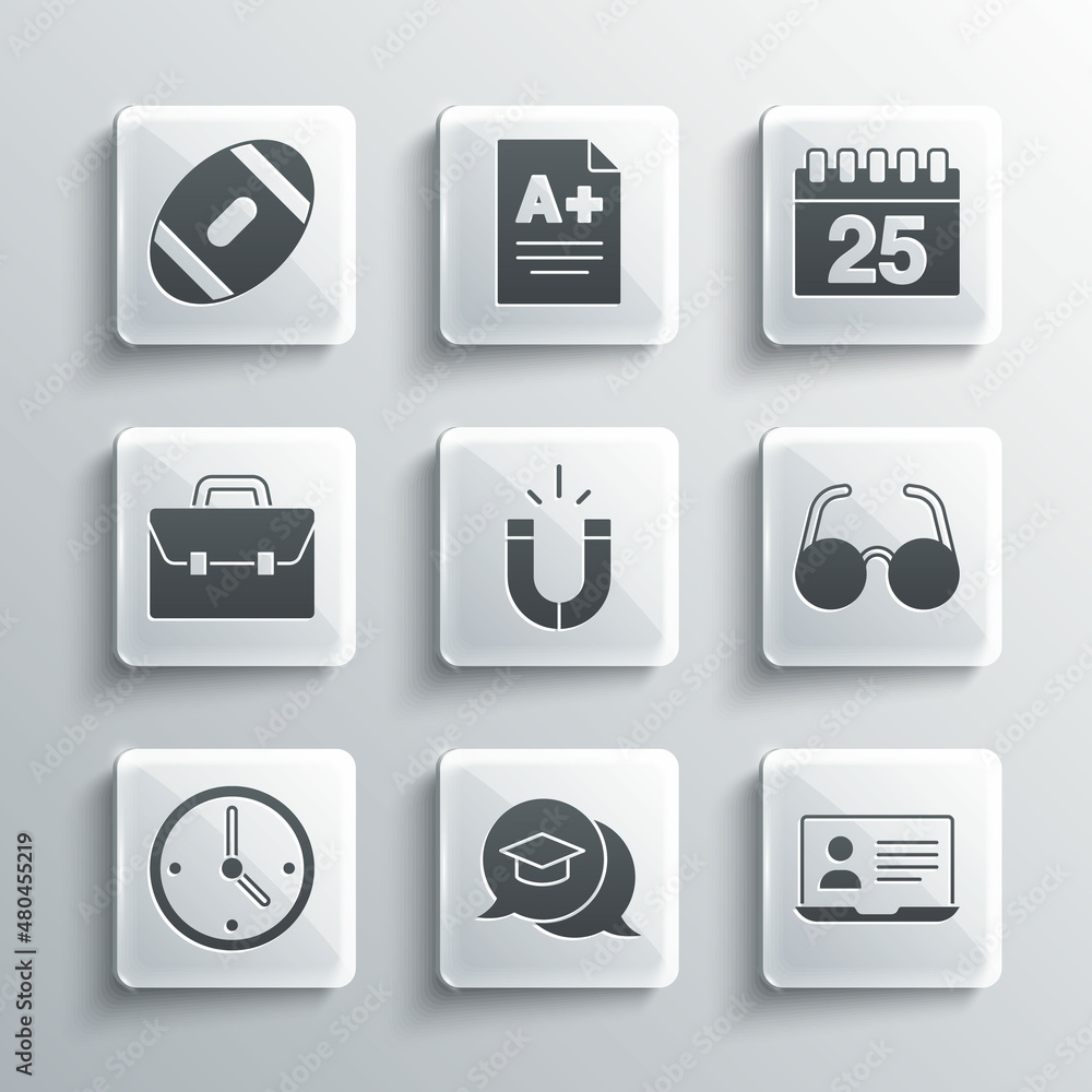 Set Graduation cap in speech bubble, Online class, Glasses, Magnet, Clock, Briefcase, American Football ball and Calendar icon. Vector Set Graduation cap in speech bubble, Online class, Glasses, Magnet, Clock, Briefcase, American Football ball and Calendar icon. Vector