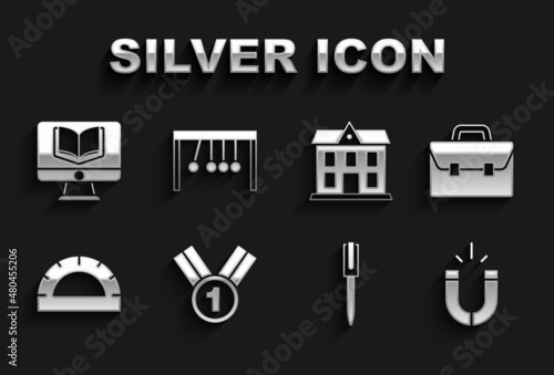 Set Medal, Briefcase, Magnet, Pen, Protractor grid, School building, Online class and Pendulum icon. Vector