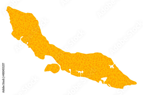 Vector Gold map of Curacao Island. Map of Curacao Island is isolated on a white background. Gold items pattern based on solid yellow map of Curacao Island.