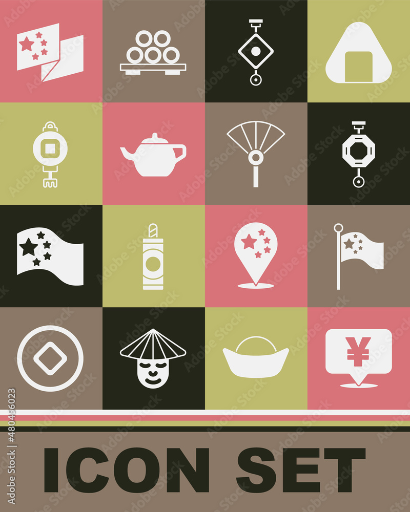 Set Chinese Yuan currency, China flag on flagpole, paper lantern, tea ceremony, and or japanese folding fan icon. Vector Set Chinese Yuan currency, China flag on flagpole, paper lantern, tea ceremony, and or japanese folding fan icon. Vector