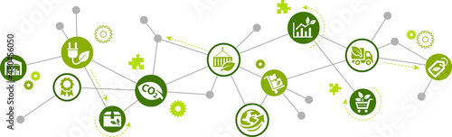green / sustainable supply chain management vector illustration. Concept with icons related to environmentally friendly logistics or scm, carbon neutral shipping, ecological distribution strategies.