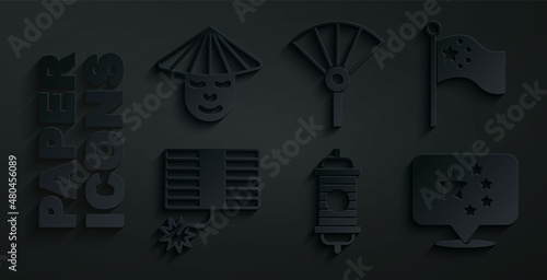 Set Chinese paper lantern, China flag on flagpole, Firework, japanese folding fan and man icon. Vector