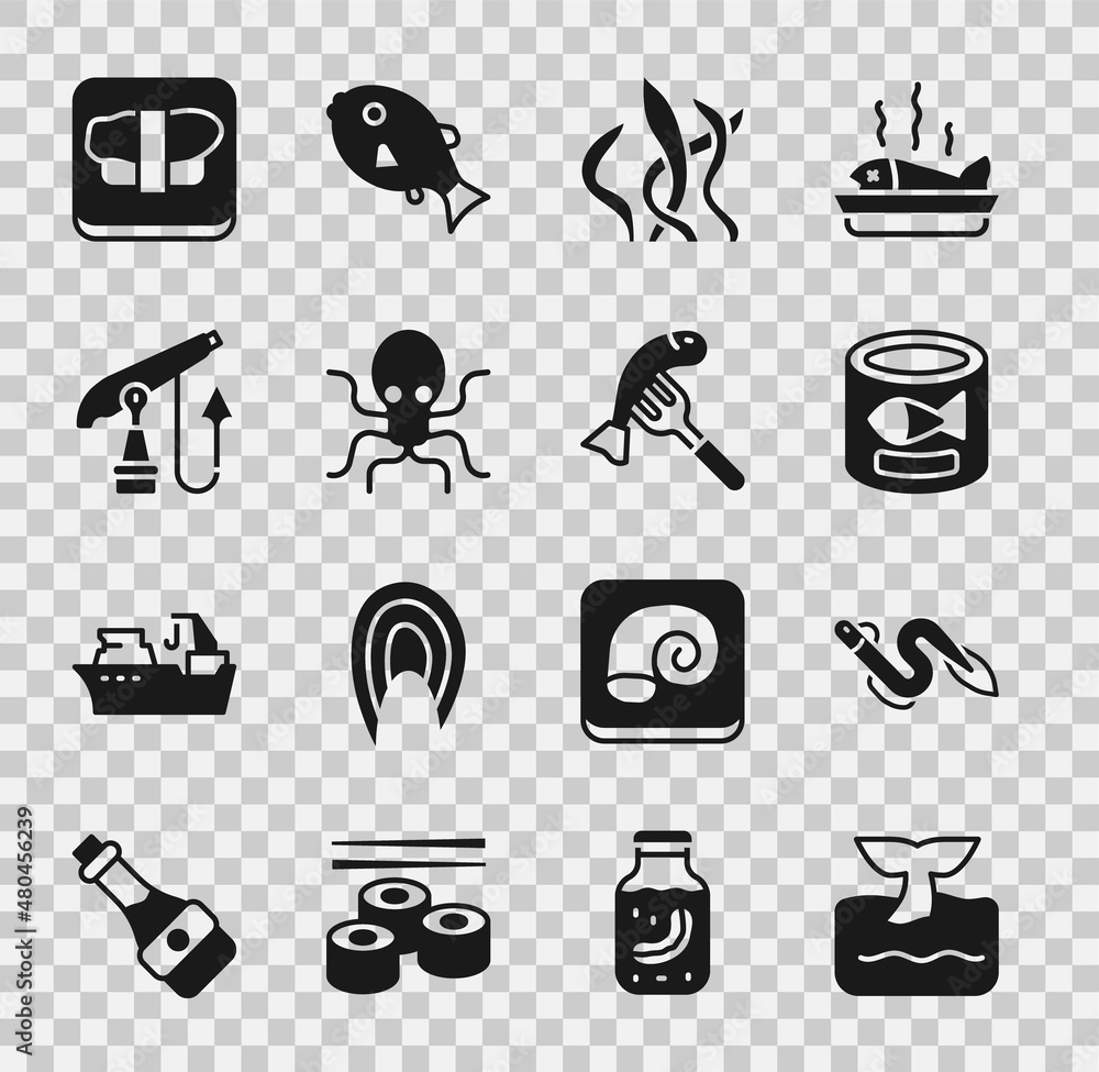 Set Whale tail in ocean wave, Eel fish, Canned, Seaweed, Octopus, Fishing harpoon, Sushi cutting board and Served plate icon. Vector Set Whale tail in ocean wave, Eel fish, Canned, Seaweed, Octopus, Fishing harpoon, Sushi cutting board and Served plate icon. Vector