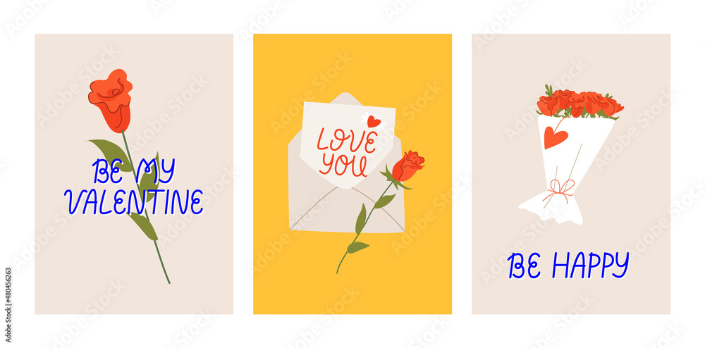 Valentine's day greeting cards with lettering. Vector hand drawn quotes love you, be my valentine and be happy. Envelope with letter and roses illustration