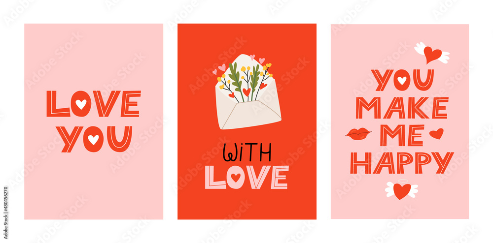 Cute valentine's day greeting cards with lettering. Vector hand drawn quotes love you, with love and you make me happy. Pink and red postcards. Envelope with letter and flowers