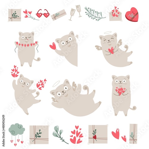 Fototapeta Naklejka Na Ścianę i Meble -  Collection of elements for valentine's day. Cute cats are angels, hearts, gifts, flowers, champagne. Children's illustration and characters for postcards
