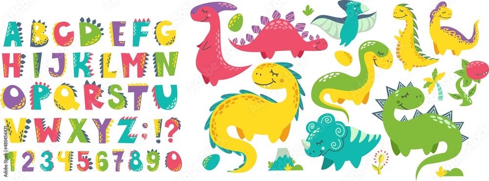 Vector set for printing on baby clothes. Dinosaurs, letters, numbers, volcano, carnivorous plants, flowers, twigs, alphabet stylized as dinosaurs. Bright letters and monsters. Vector set for printing on baby clothes. Dinosaurs, letters, numbers, volcano, carnivorous plants, flowers, twigs, alphabet stylized as dinosaurs. Bright letters and monsters.