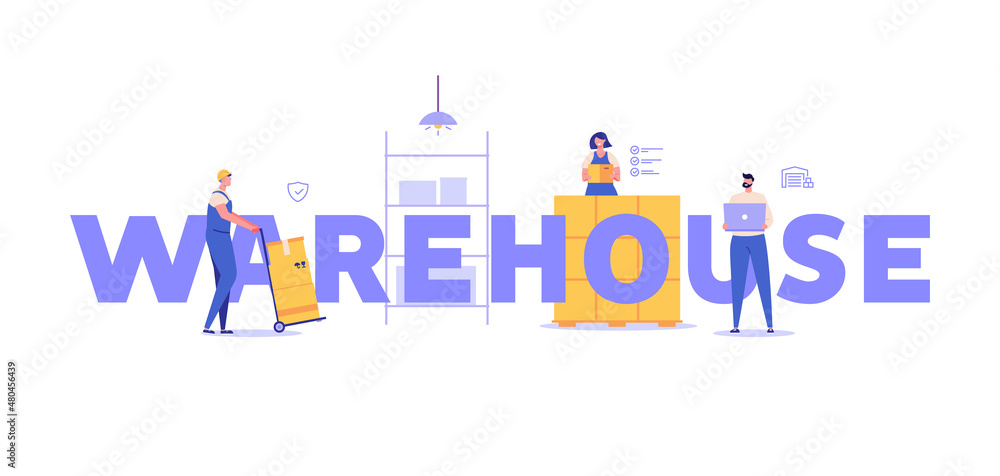 Warehouse sign with workers. Man loader carrying boxes. Warehouse manager checking package boxes on shelf. Courier delivering parcels. Vector illustration in flat design for web banner Warehouse sign with workers. Man loader carrying boxes. Warehouse manager checking package boxes on shelf. Courier delivering parcels. Vector illustration in flat design for web banner