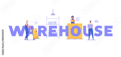 Warehouse sign with workers. Man loader carrying boxes. Warehouse manager checking package boxes on shelf. Courier delivering parcels. Vector illustration in flat design for web banner