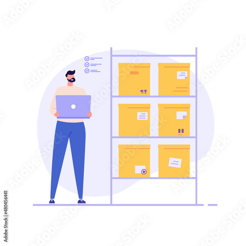 Warehouse worker with stack of boxes. Manager checking stack boxes on pallet and shelf. Concept of warehouse storage, logistic industry, delivery service. Warehouse interior vector illustration