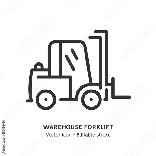 Warehouse forklift line icon. Warehouse truck, global logistic industry, work transport flat outline icon. Editable stroke
