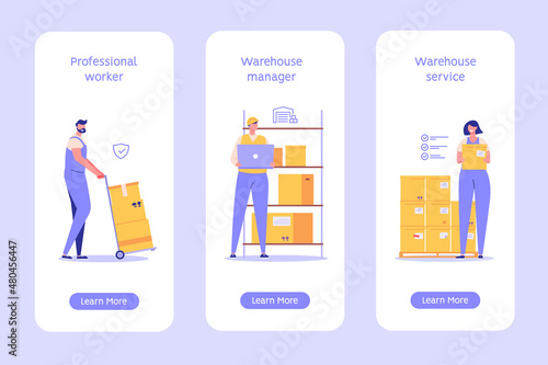 Warehouse workers characters set. Man loader carrying boxes. Warehouse manager checking package boxes on shelf. Courier delivering parcels. Vector illustration for mobile app, onboarding screen