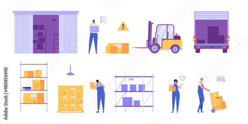 Warehouse elements and characters collection. Shelf with package boxes, loader and forklift, delivery service. Set of warehouse interior, global logistic industry, warehouse transport and workers