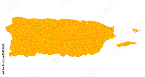 Vector Gold map of Puerto Rico. Map of Puerto Rico is isolated on a white background. Gold particles texture based on solid yellow map of Puerto Rico.