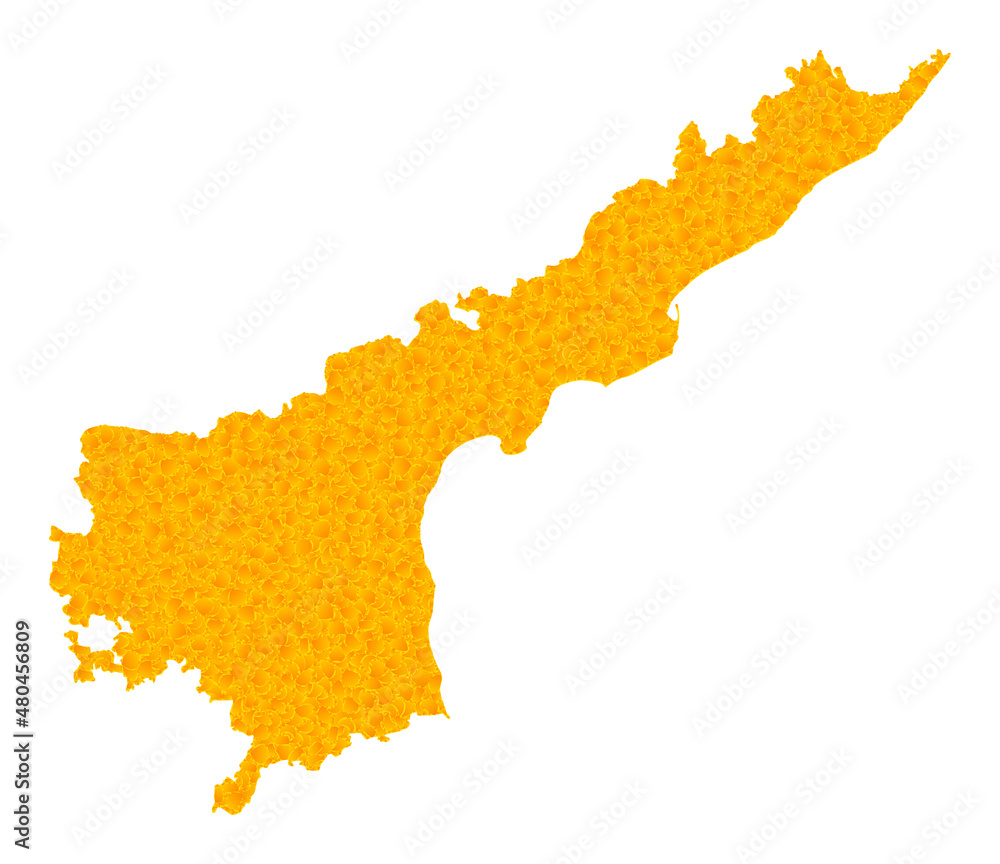 Vector Golden map of Andhra Pradesh State. Map of Andhra Pradesh State is isolated on a white background. Golden items texture based on solid yellow map of Andhra Pradesh State.