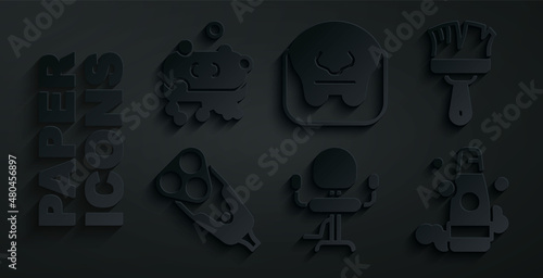 Set Barbershop chair, Shaving brush, Electric razor blade, Bottle of shampoo, Mustache and beard and soap with foam icon. Vector