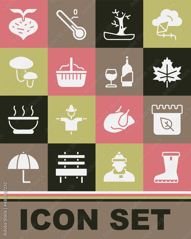 Set Waterproof rubber boot, Calendar with autumn leaves, Leaf or, Bare tree, Basket, Mushroom, Beet and Wine bottle glass icon. Vector Set Waterproof rubber boot, Calendar with autumn leaves, Leaf or, Bare tree, Basket, Mushroom, Beet and Wine bottle glass icon. Vector