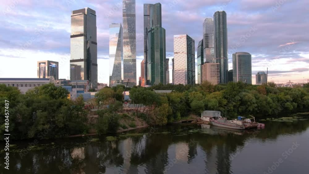 Moscow-city, financial center of Moscow, Russia. Amazing drone aerial footage in the evening at sunset Moscow-city, financial center of Moscow, Russia. Amazing drone aerial footage in the evening at sunset