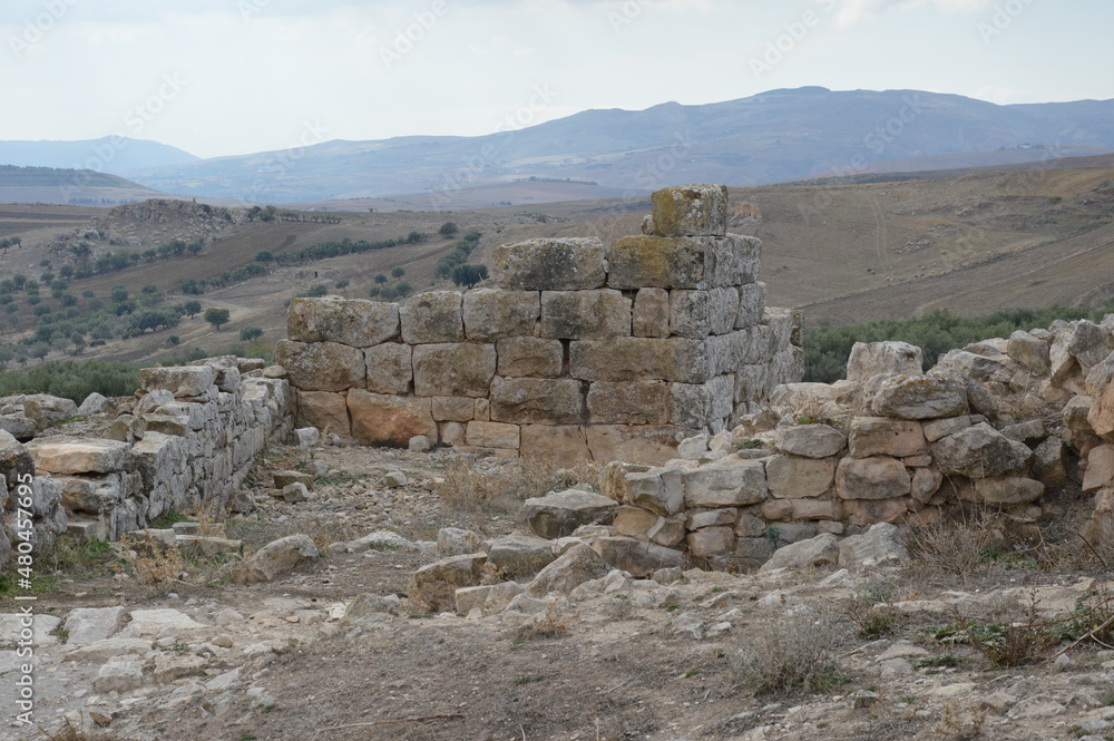 Ruins of the ancient roman city of Dougga in modern Tunisia, Africa. Light sky with clouds, brown, grey and yellow stone walls, green olive trees, mountains on the horizon