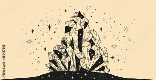 Vector shining precious magic crystal decorated with magician faceted stars light. Illustration Mystical esoteric symbol. Gothic pattern design print card, T-shirt. Brown on light yellow background