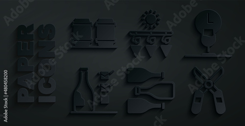 Set Bottles of wine, Wine time, Gardening scissors, Drying grapes and Wooden barrel for icon. Vector