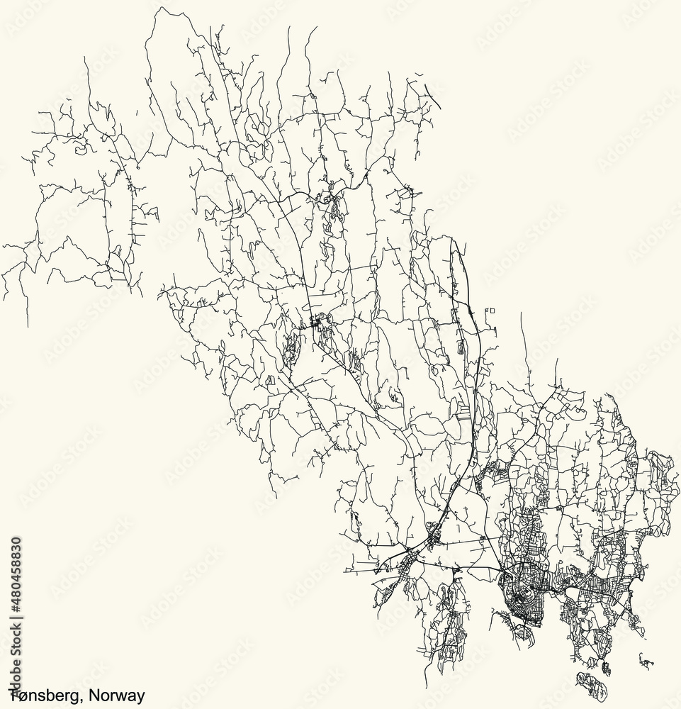 Obraz premium Detailed navigation black lines urban street roads map of the Norwegian regional capital city of TØNSBERG, NORWAY on vintage beige background