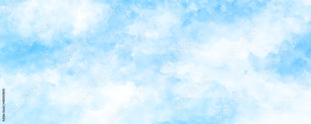 Vector watercolor art background with white clouds and blue sky. Hand drawn vector texture. Heaven. Pastel color watercolour banner. Template for flyers, cards, poster, cover.	
